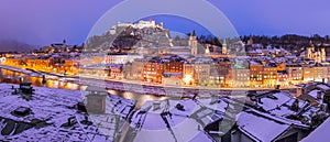 Salzburg winter panorama at christmas time, old city and rooftops in the evening, Austria