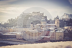 Salzburg old city at christmas time, snowy with sunshine, Austria