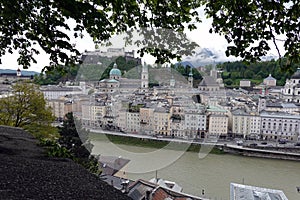 Salzburg old town and Hohensalzburg fortress on Festung mountain view from Capuciner mountain