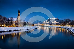 Salzburg old town at twilight in winter, Austria