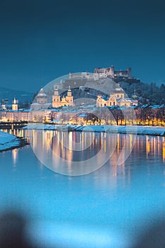 Salzburg old town at twilight in winter, Austria