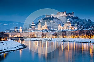 Salzburg old town at twilight in winter, Austria