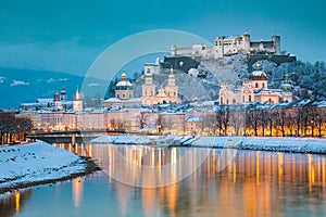 Salzburg old town at twilight in winter, Austria