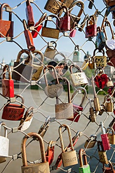 Salzburg, padlocks of love on a bridge, the Makartsteg, honey moon people love it in summer