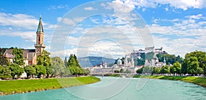 Salzburg skyline with Festung Hohensalzburg and river Salzach, Salzburger Land, Austria photo