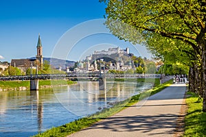 Salzburg skyline with Festung Hohensalzburg and Salzach river in summer