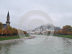 Salzburg skyline with fortress in autumn, Salzburger Land, Austria