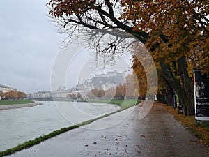 Salzburg skyline with fortress in autumn, Salzburger Land, Austria