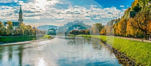 Salzburg skyline with fortress in autumn, Salzburger Land, Austria