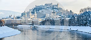 Salzburg skyline with Fortress Hohensalzburg in winter, Austria