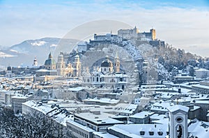 Salzburg skyline with Fortress Hohensalzburg in winter, Salzburg, Austria