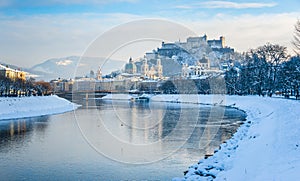 Salzburg skyline with Fortress Hohensalzburg in winter, Salzburg, Austria