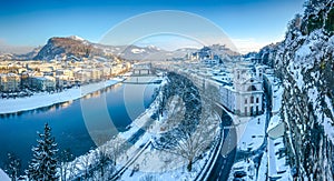 Salzburg skyline with Fortress Hohensalzburg in winter, Salzburg, Austria