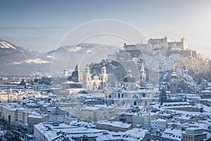 Salzburg skyline with Fortress Hohensalzburg in winter, Salzburger Land, Austria
