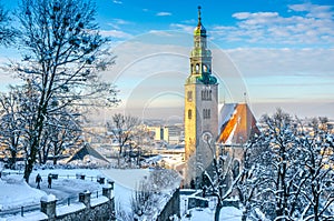 Salzburg skyline with Muellner Church in winter, Salzburger Land, Austria