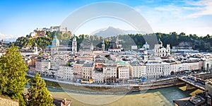 Salzburg skyline panorama at sunset, Salzburger Land, Austria photo