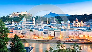 Salzburg skyline with river Salzach at dusk, Salzburger Land, Austria