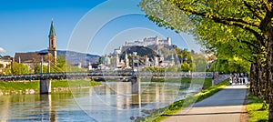 Salzburg skyline river Salzach in spring, Austria