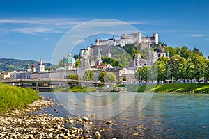 Salzburg skyline with river Salzach in spring, Austria photo