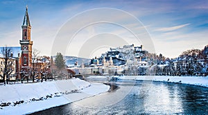 Salzburg skyline with river Salzach in winter, Austria