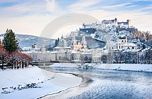 Salzburg skyline with river Salzach in winter, Salzburger Land, Austria