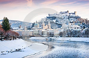 Salzburg skyline with river Salzach in winter, Salzburger Land, Austria photo