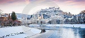 Salzburg skyline with river Salzach in winter, Salzburger Land, Austria photo
