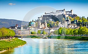 Salzburg skyline with Salzach river in summer, Austria
