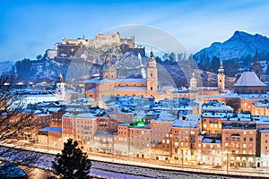 Salzburg skyline in winter as seen from Kapuzinerberg, Salzburger Land, Austria