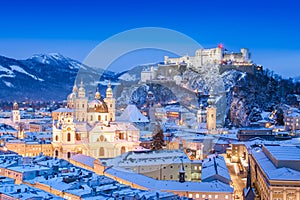 Salzburg skyline in winter as seen from Moenchsberg, Salzburger Land, Austria