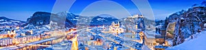 Salzburg skyline winter panorama at blue hour, Austria