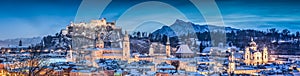 Salzburg winter panorama at blue hour, Salzburger Land, Austria