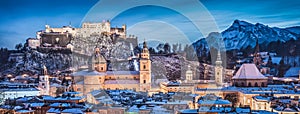 Salzburg winter panorama at blue hour, Salzburger Land, Austria photo