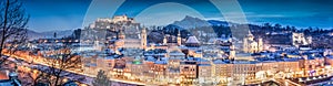 Salzburg winter panorama at blue hour, Salzburger Land, Austria