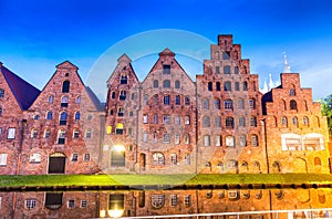 Salzspeicher (salt storehouses) of Lubeck at night, Germany. His