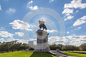 Sam Houston, Founder of Houston Texas, on his horse and pedestal at Hermann Park, Houston Texas, USA on a gorgeous blue sky day.