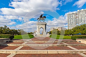 The Sam Houston statue on a high pedestal at Hermann Park Houston Texas USA.