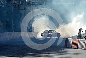 Sam Sam performing an impressive drift show with a BMW E30 325i in Budapest