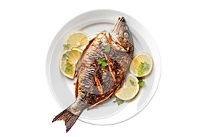 Samak Mashwi Grilled Fish Egyptian Cuisine. On A White Plate photo