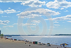 Samara, city beach on the shores of the Volga River. beautiful cumulus clouds