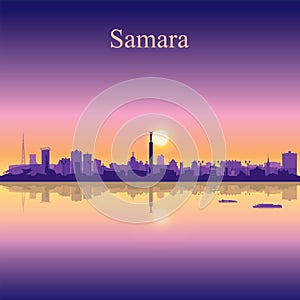 Samara city silhouette on sunset background
