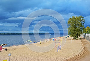 Samara, playground city beach on shores of the Volga River at cloudy autumn day