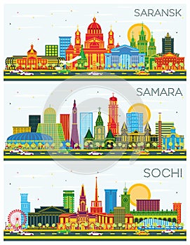 Samara, Sochi and Saransk Russia City Skylines with Color Buildings and Blue Sky