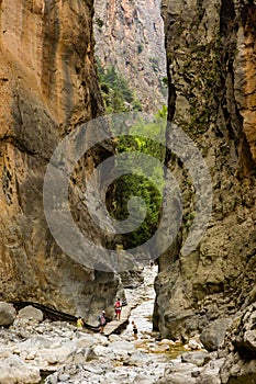 SAMARIA GORGE, CRETE - 20 JULY 2021: Hikers in the spectacular mountain and forest scenery of the Samaria Gorge on the Greek