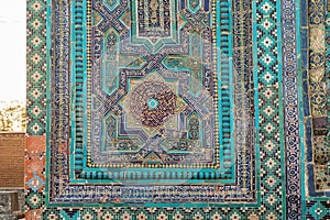 Decorative tile work at the Ustad Ali Nasafi Mausoleum at the Shah-i-Zinda in Samarkand