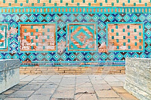 Decorative tile work at the Ustad Ali Nasafi Mausoleum at the Shah-i-Zinda in Samarkand