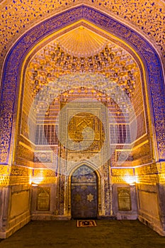 SAMARKAND, UZBEKISTAN: APRIL 28, 2018: Interior of Madrasa Tilya Kori in Samarkand, Uzbekist