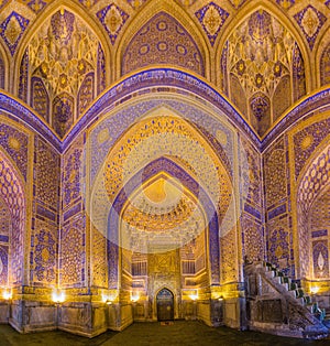 SAMARKAND, UZBEKISTAN: APRIL 28, 2018: Interior of Madrasa Tilya Kori in Samarkand, Uzbekist