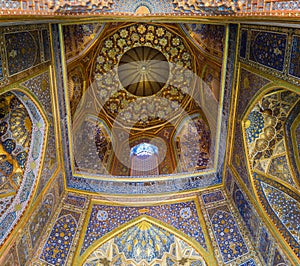 SAMARKAND, UZBEKISTAN: APRIL 28, 2018: Interior of Sher Dor Madrasa in Samarkand, Uzbekist