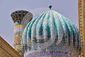 SAMARKAND, UZBEKISTAN: Architectural detail of a cupola at the Registan